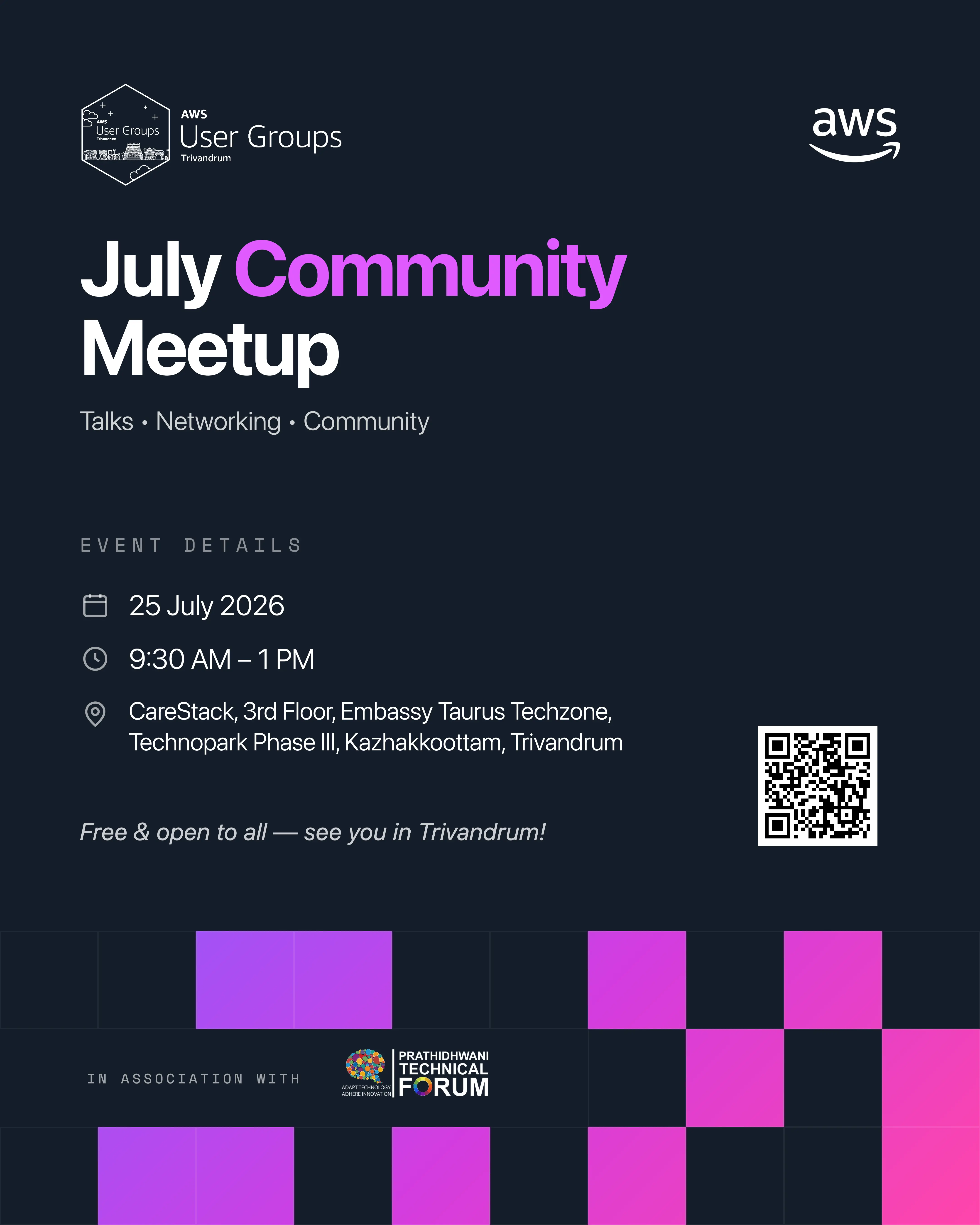 AWS UG Trivandrum, July meetup event poster